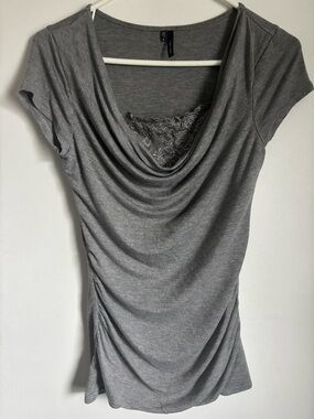 Maurices Gray Cowl Neck Lace-Trim Short Sleeve Top